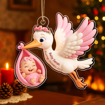 3D Effect Cute Stork And Baby Personalized Acrylic Ornament, Heartfelt First Gift for Pregnant Mom
