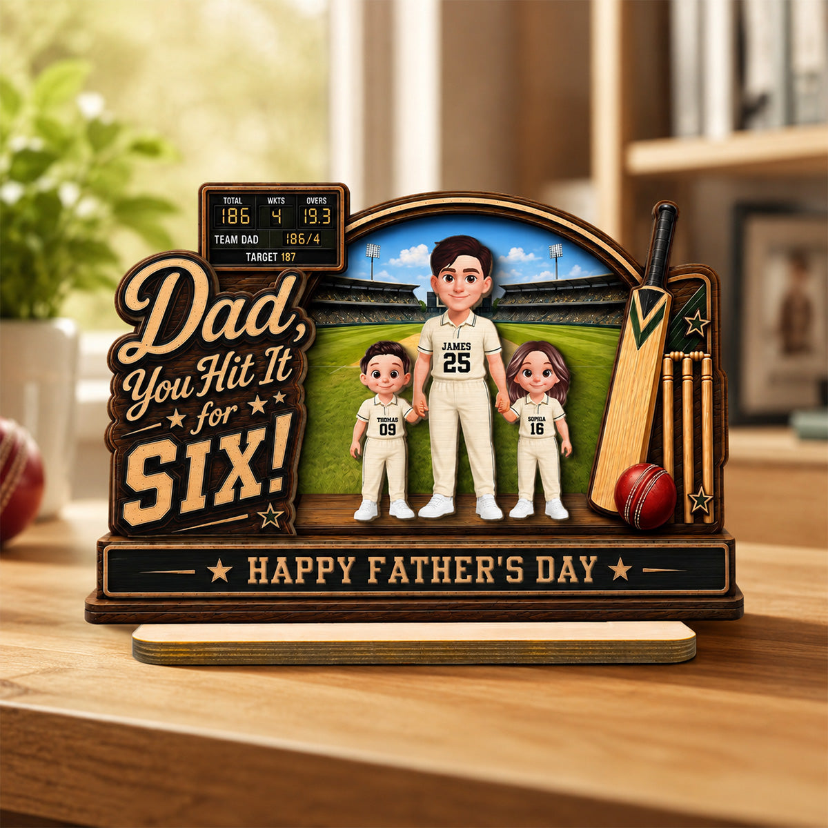 Hit A Six With The Best Dad Cricket Dad & Kids On Court - Personalised 2-Layered Wooden Plaque - Father's Day Gift For Husband, Dad