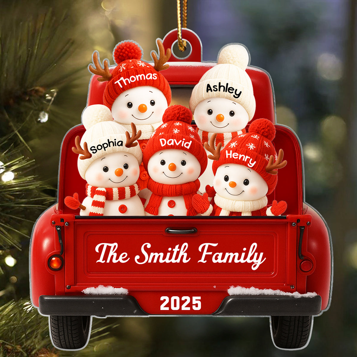 Family Snowman on Christmas Truck Personalized Acrylic Ornament, Red Truck Christmas Gift for Family