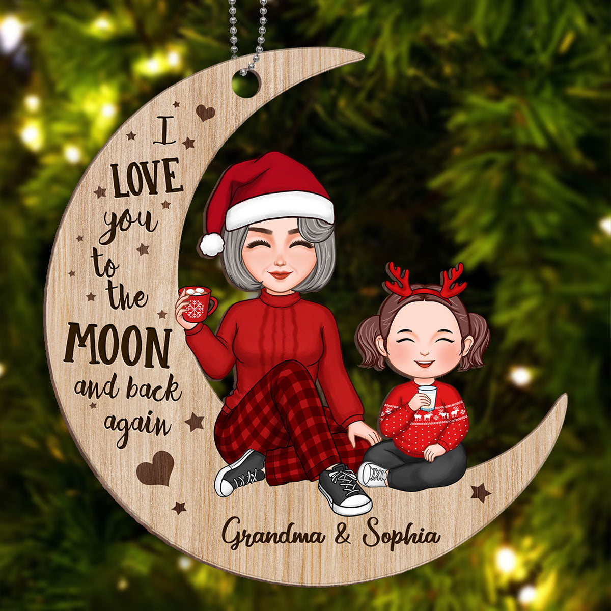 Cute Grandma & Grandkid Sitting On Moon Personalized Wooden Ornament