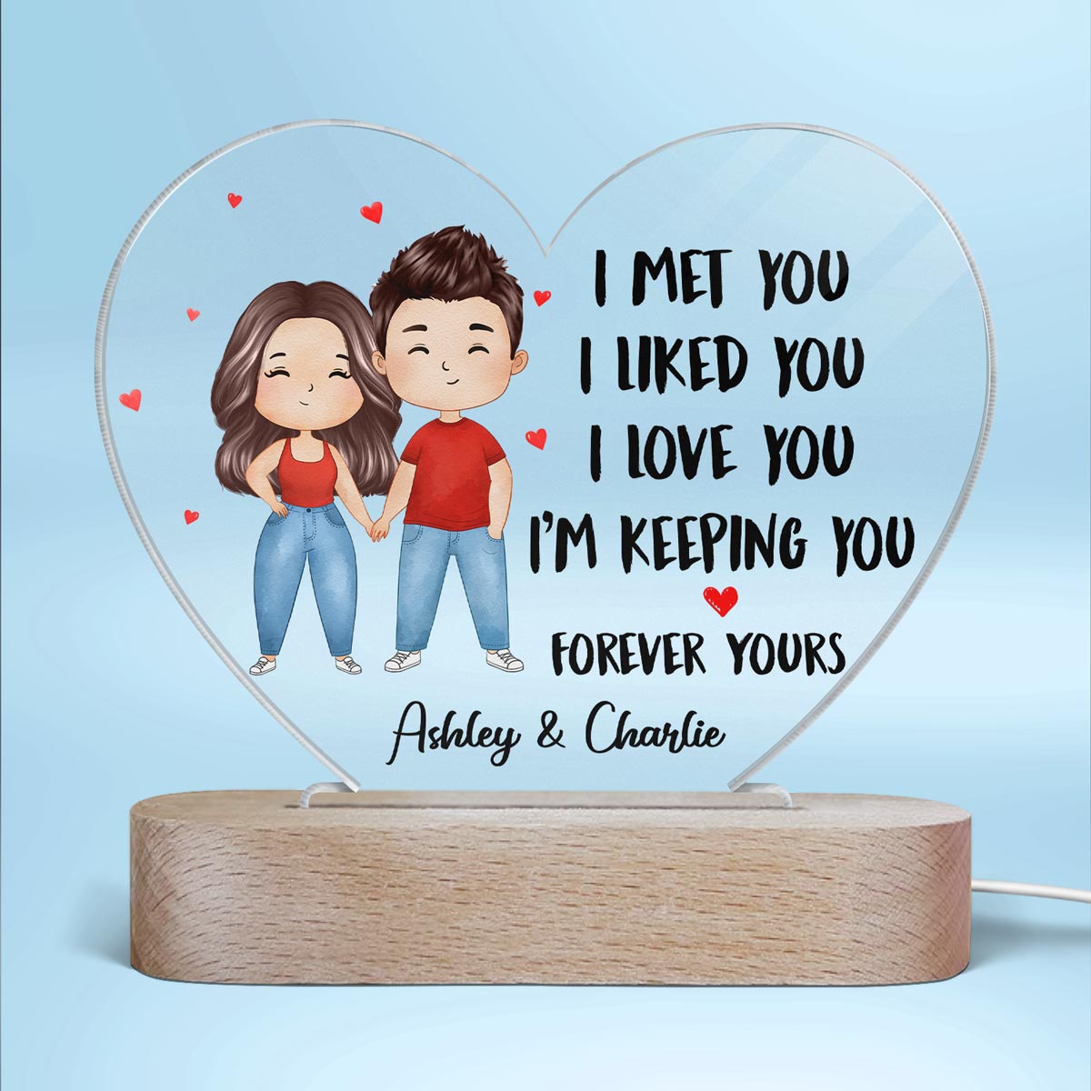 Watercolor Couple Standing I Met You Gift For Him For Her Personalized Acrylic Heart Plaque LED Night Light