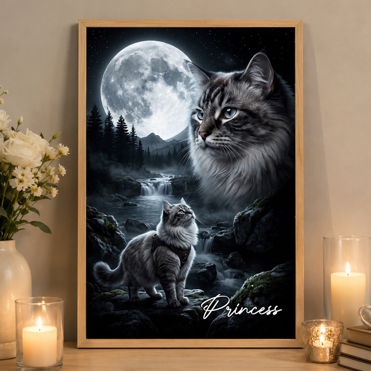 Cat Howling to the Moon Custom Pet Photo - Personalized Poster - Halloween Gift for Cat Lovers