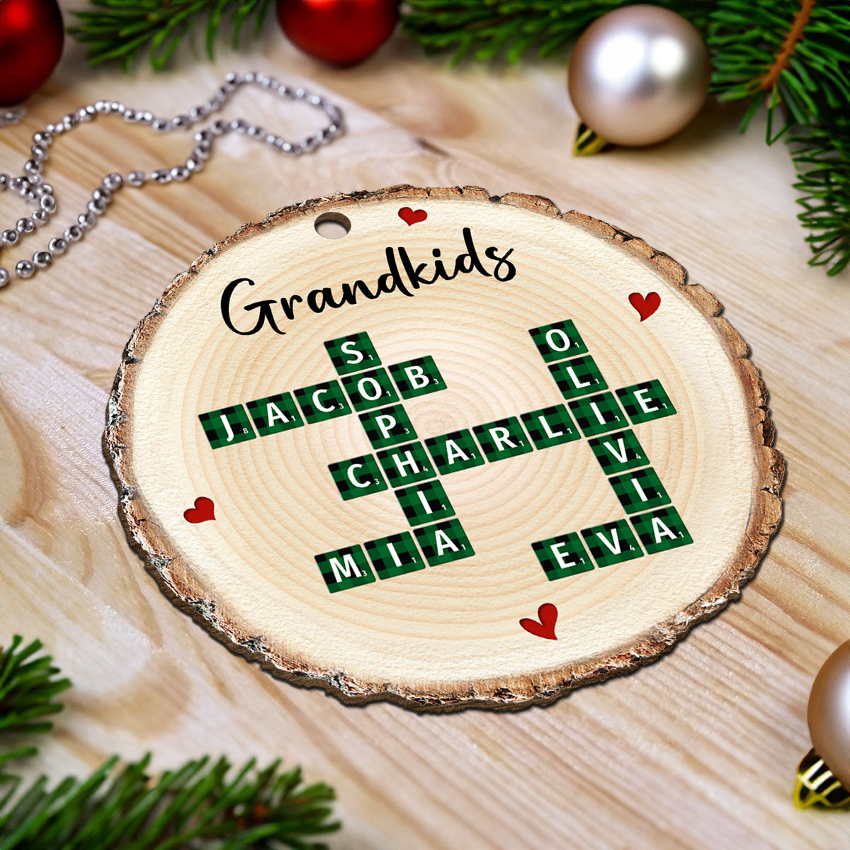 Family Unique Crossword Art Puzzle Checkered Pattern Personalized Wooden Ornament