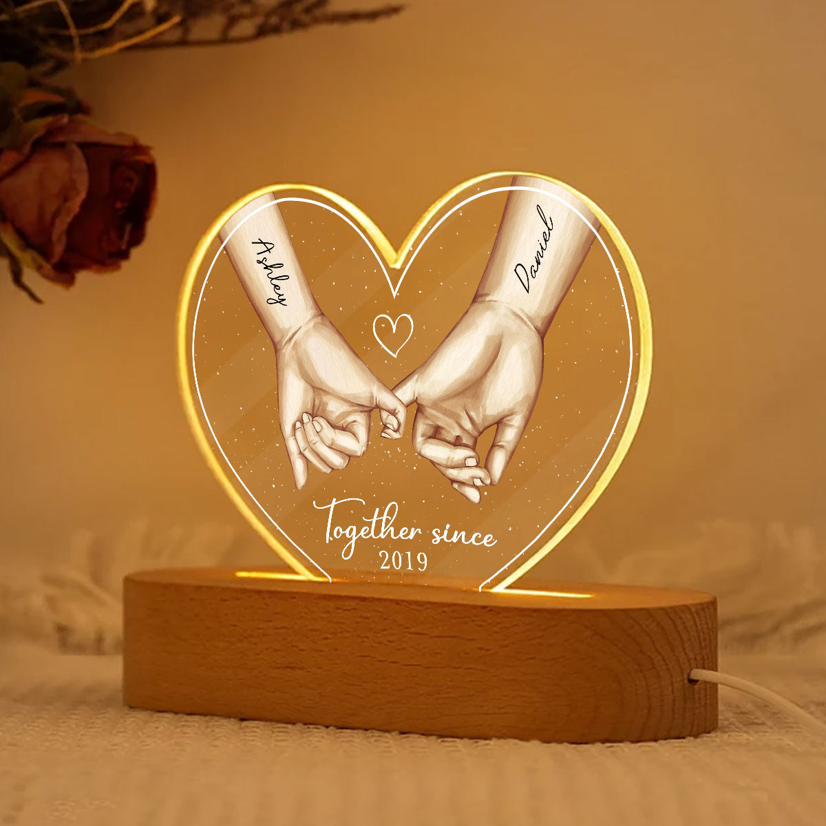 Personalized Couple Hands Pinky Promise Acrylic Heart LED Night Light,  gift, Anniversary Gift for Couples