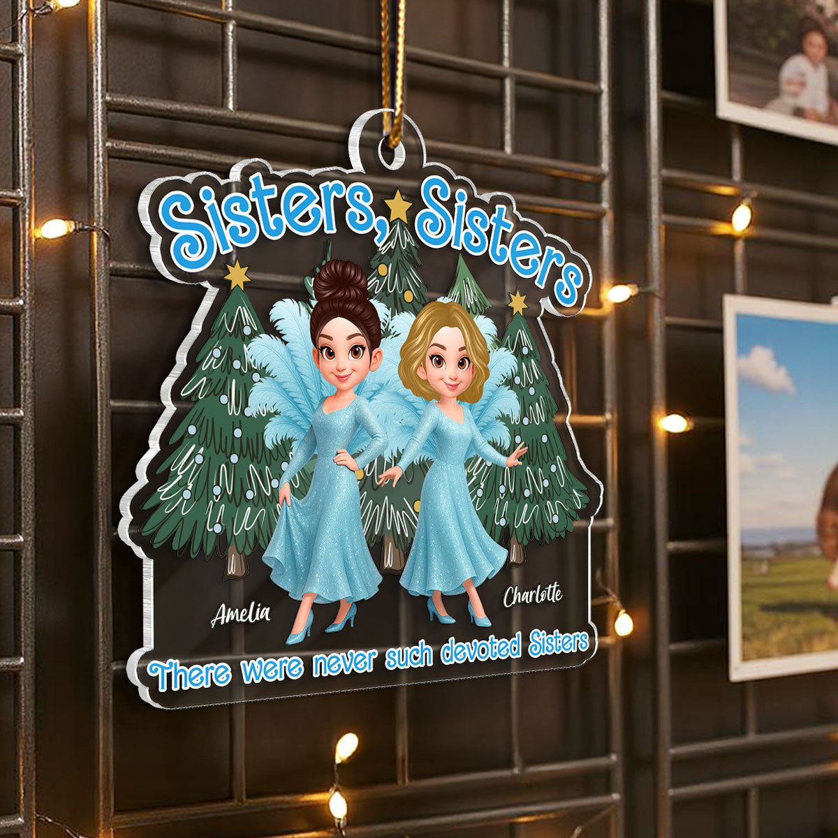 Cute Cartoon Sisters Besties Blue Dress Under Christmas Tree Personalized Acrylic Ornament