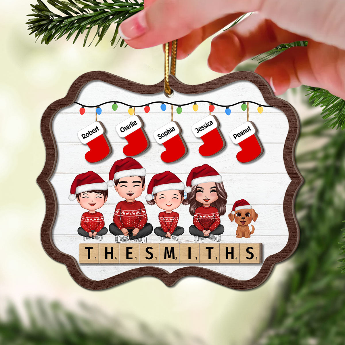 Family Sitting Christmas Stocking Wooden Blocks Personalized 2-Layer Wooden Ornament