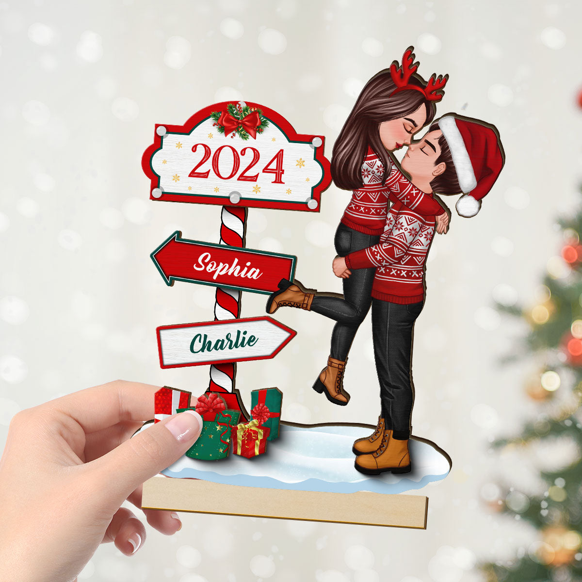 Couple Hugging Kissing North Pole Sign Christmas Decor Personalized 2-Layer Standing Wooden Plaque