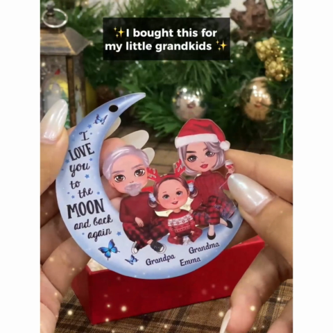 Grandpa Grandma Grandparents & Kid On Moon Christmas Gift Personalized Acrylic Ornament [Grandparents Nickname Can Be Changed]