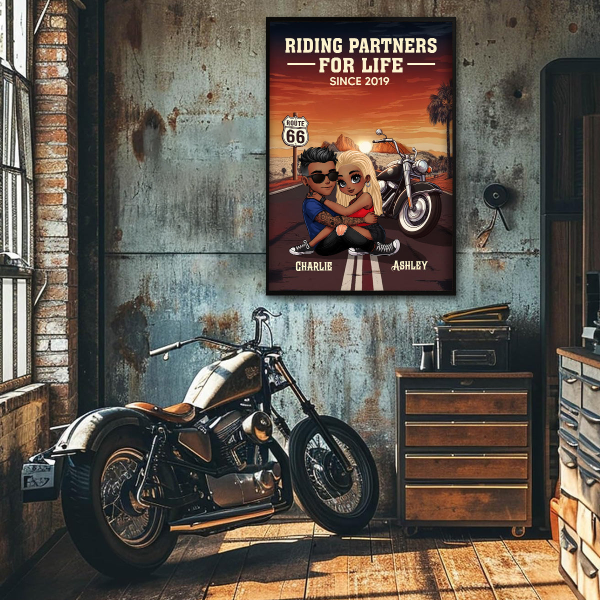 African American Biker Couple Riding Partners for Life Personalized Poster, Gift for him, Gift for her
