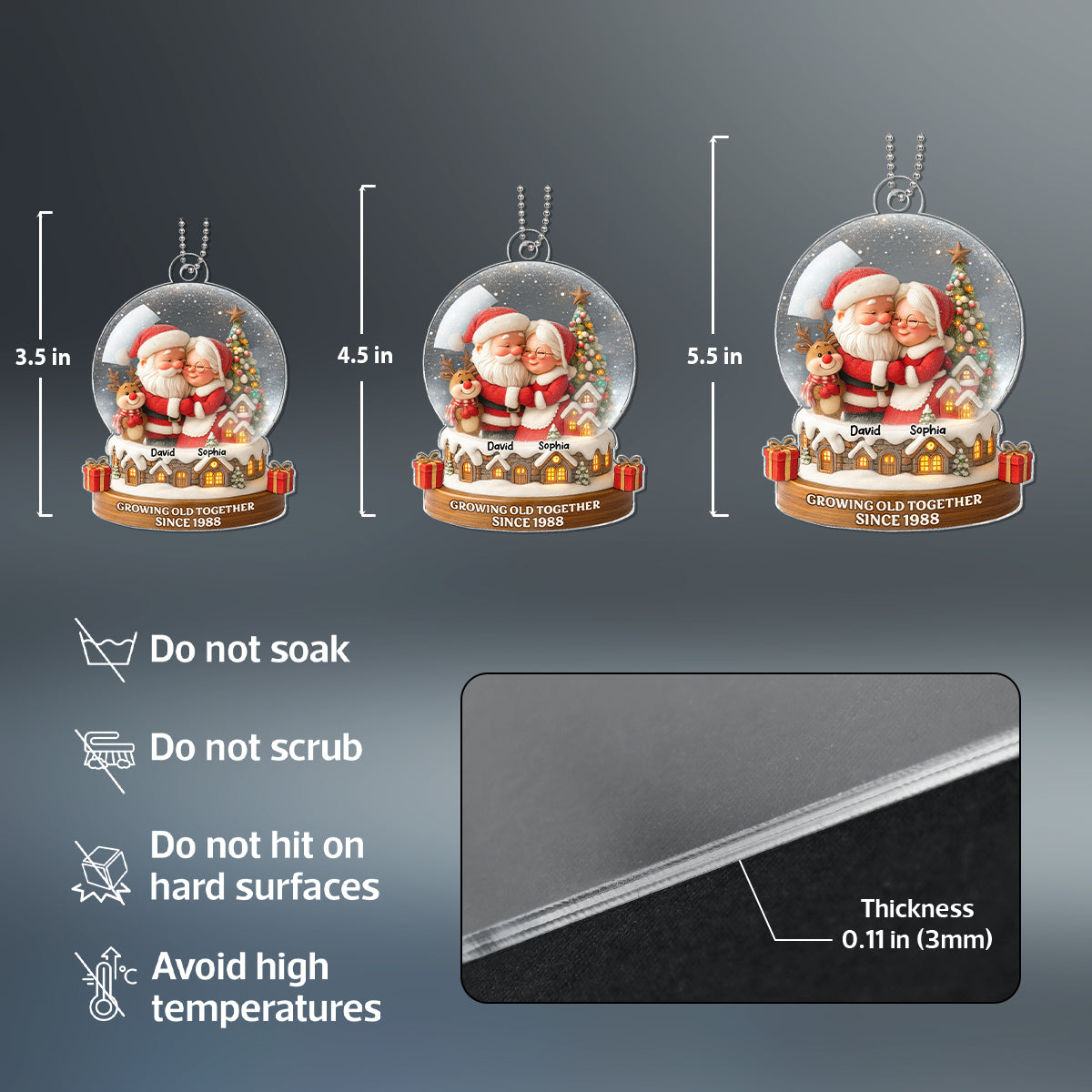 Snow Globe Santa Couple Growing Old Together Personalized Acrylic Ornament, 3D Effect, Christmas Gift for him, Gift for her