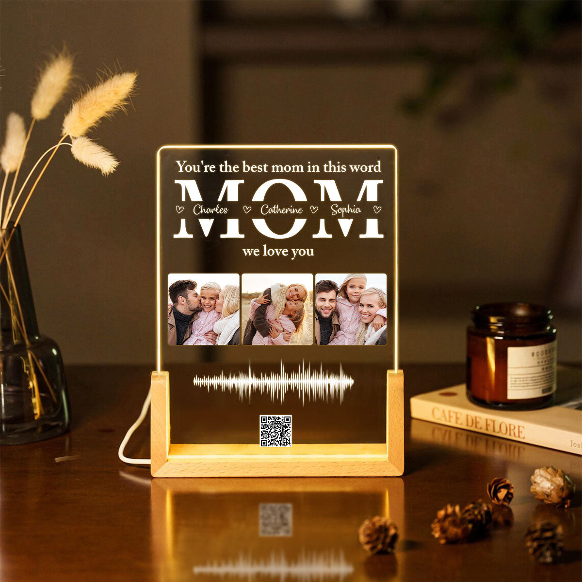 Personalized Photo LED Night Light, Voice Recording Sound Wave, Gift for Mom, Custom Your Heartfelt Voice Message for her