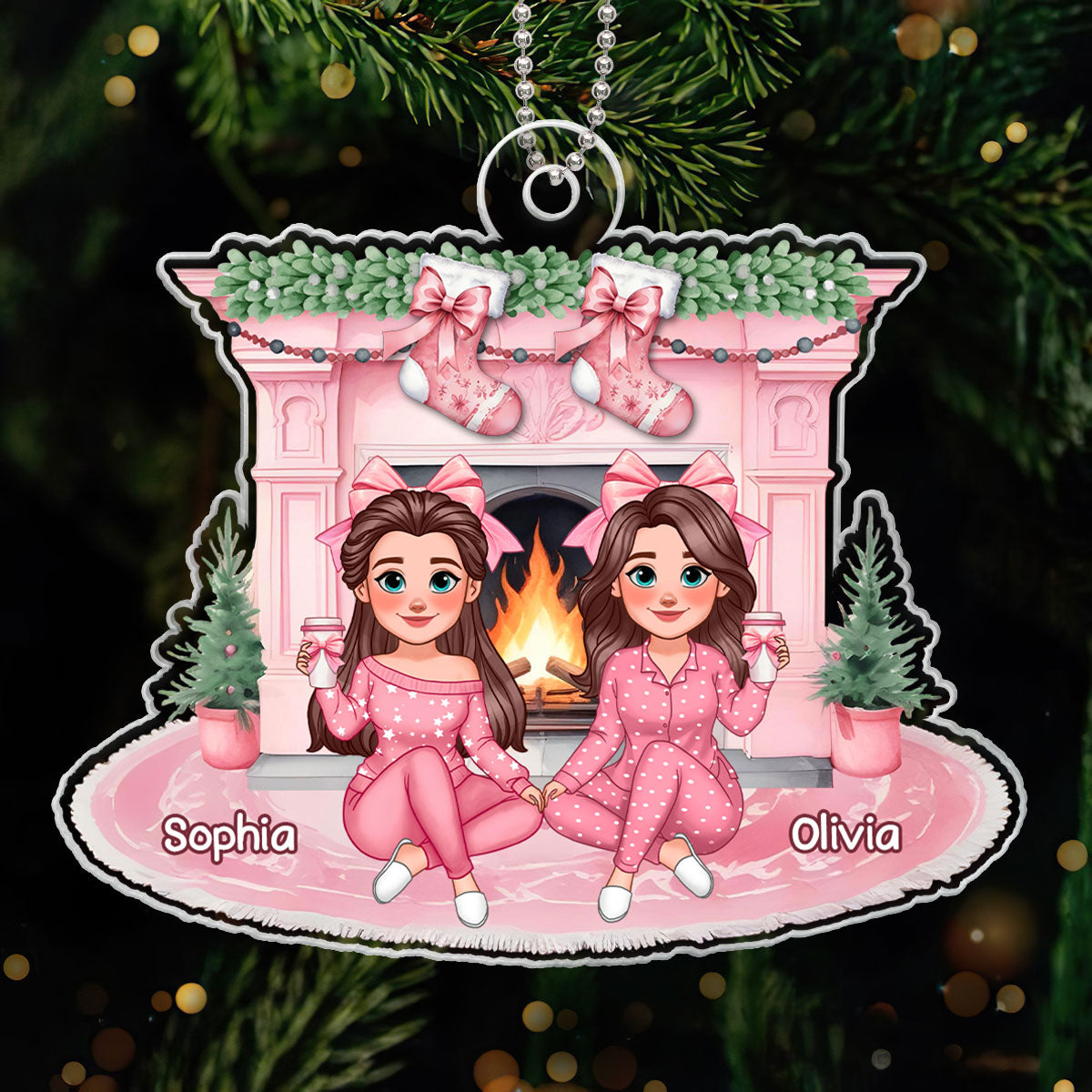Christmas Coquette Besties Stocking On Pink Fireplace Personalized Acrylic Ornament