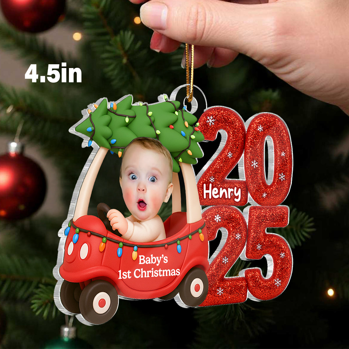 Baby In Car Upload Photo Christmas - Personalized Acrylic Ornament - Christmas Gift For New Parent, Newborn Keepsake