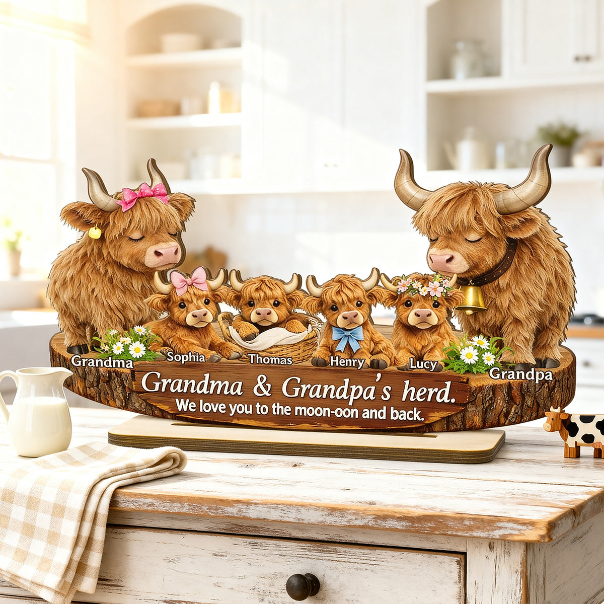 Grandma and Grandpa's Herd Highland Cow Family - Personalized 2-Layered Wooden Plaque - Gift for Grandma, Grandpa