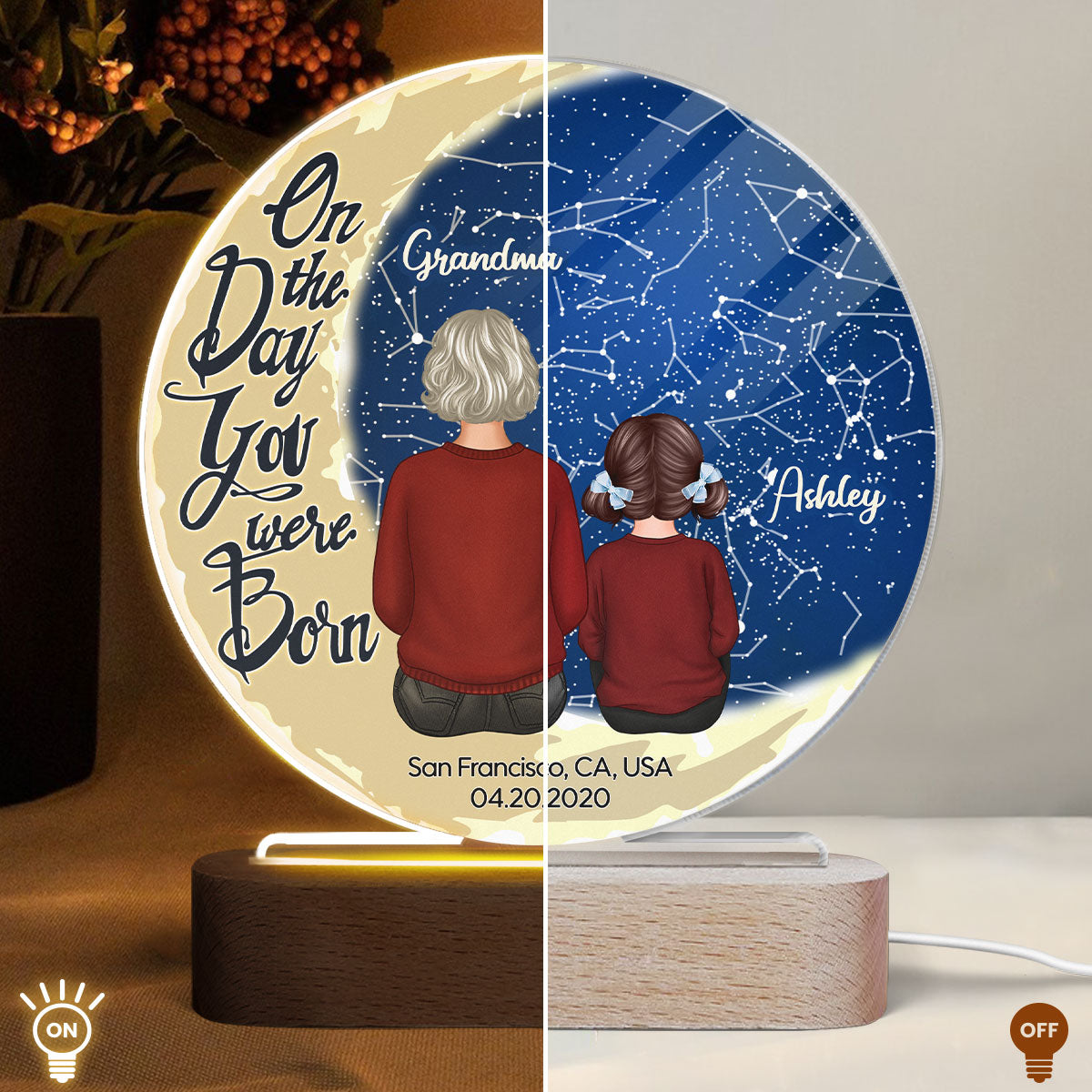 Grandma Grandkid Sitting On Moon Stargazing Star Map Personalized Circle LED Night Light