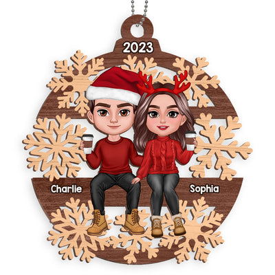 Snow Flake Christmas Couple Sitting Personalized Wooden Ornament