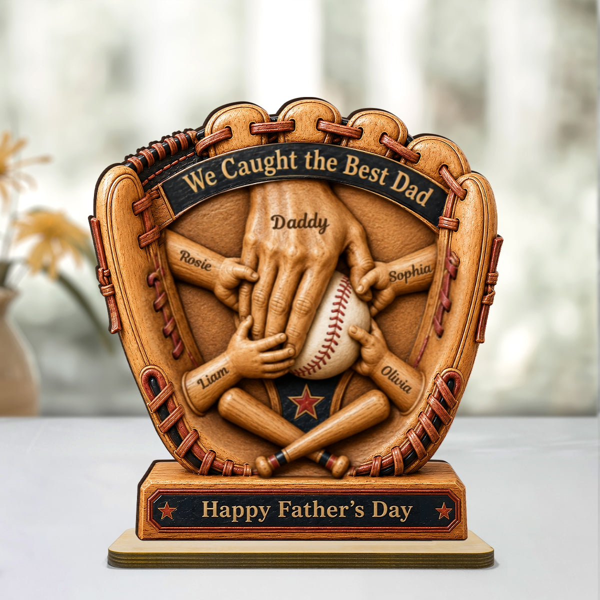 Baseball Glove Dad & Kids' Hands - Personalized 2-Layered Wooden Plaque - Father's Day Gift For Dad, Husband