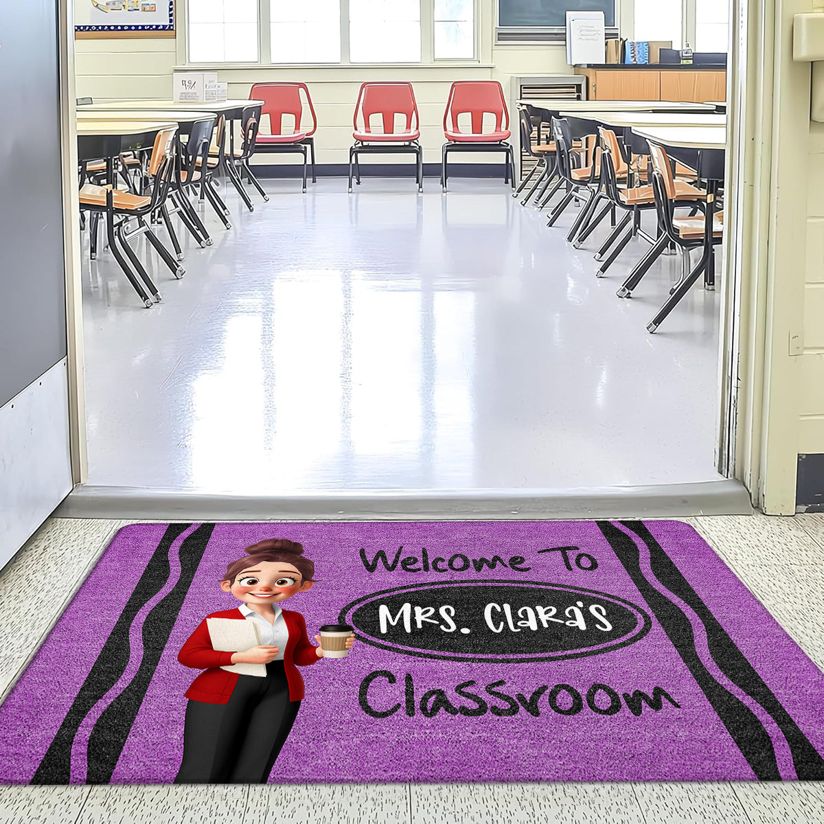Cute Cartoon Teacher Crayon Welcome To Classroom Personalized Doormat