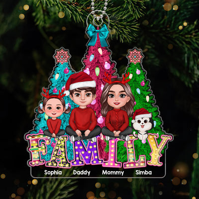 Family Sitting Crossed Legs Christmas Tree Colorful Marquee Personalized Acrylic Ornament