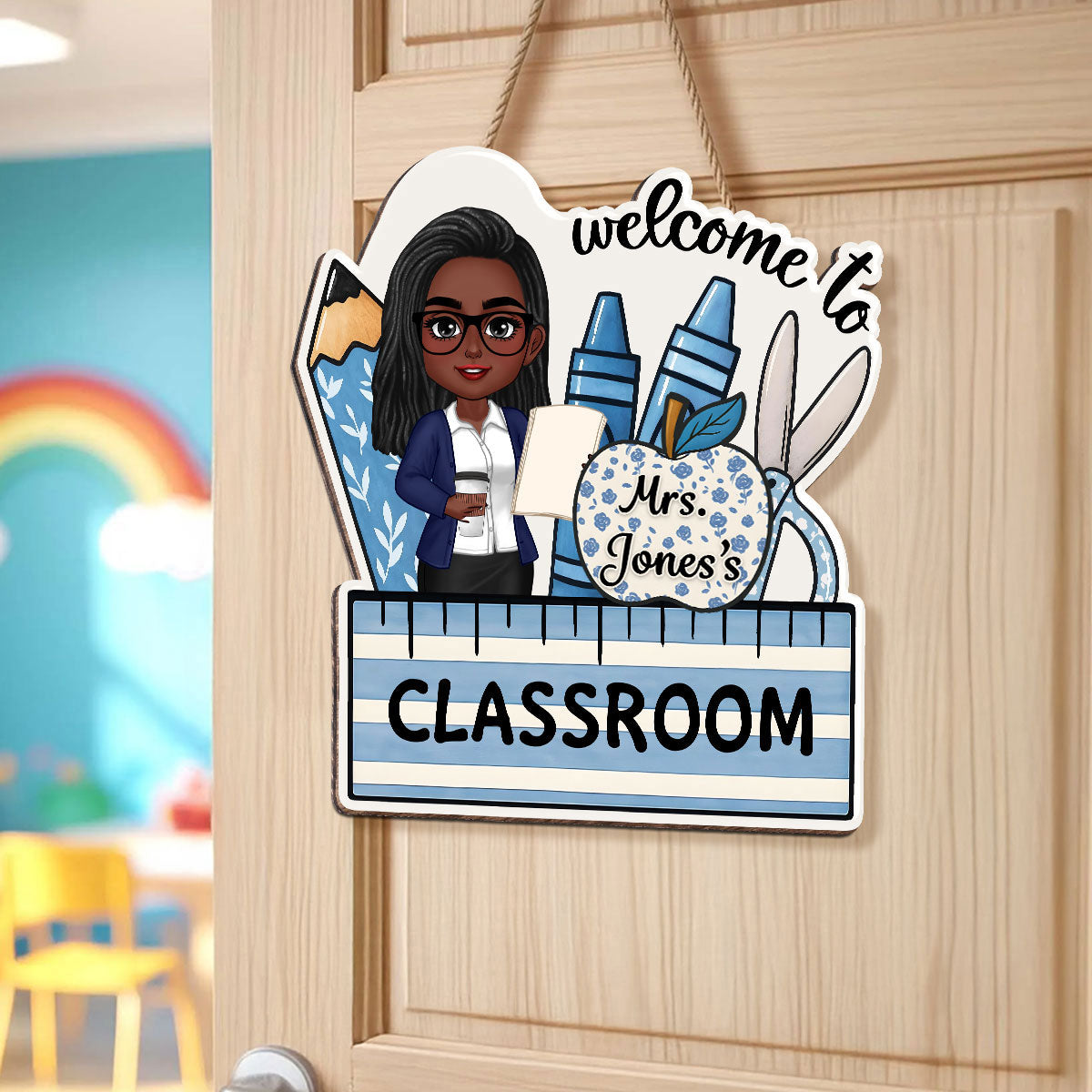 Welcome To Teacher Classroom Blue Floral Personalized Door Sign