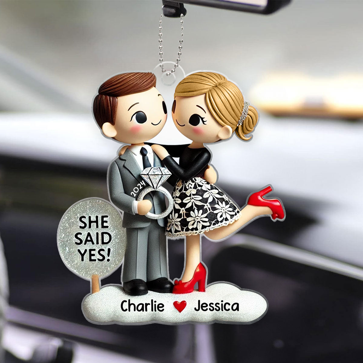 Couple Engagement Ornament She Said Yes, Personalized 2D Flat Acrylic Car Hanger Ornament,  Gift for him, Gift for her