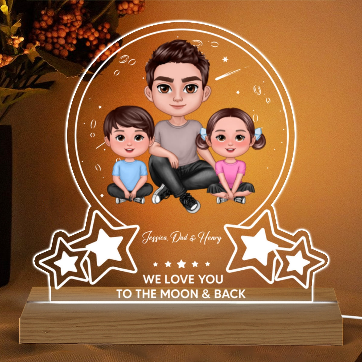 Moon Stars Dad Grandpa Love You To The Moon Personalized Warm Acrylic Custom Shape LED Night Light