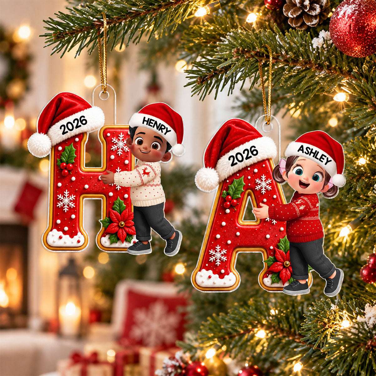 Joyful Christmas Letter Hug - Personalized Acrylic Ornament - Gift For Boys, Girls, Grandkids