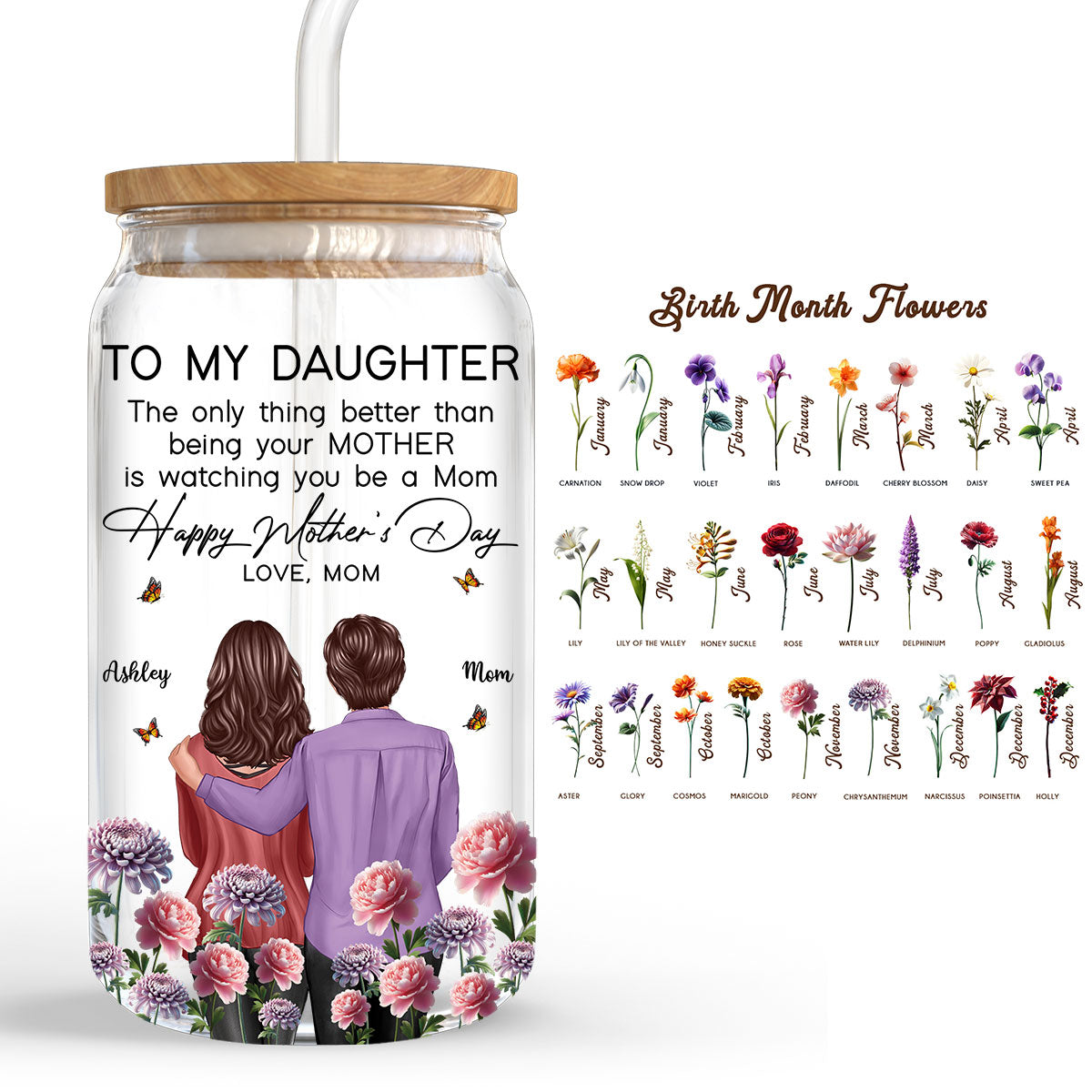 To My Daughter From Mom Happy Mother's Day Birth Flower Personalized Glass Can, Gift For Daughter
