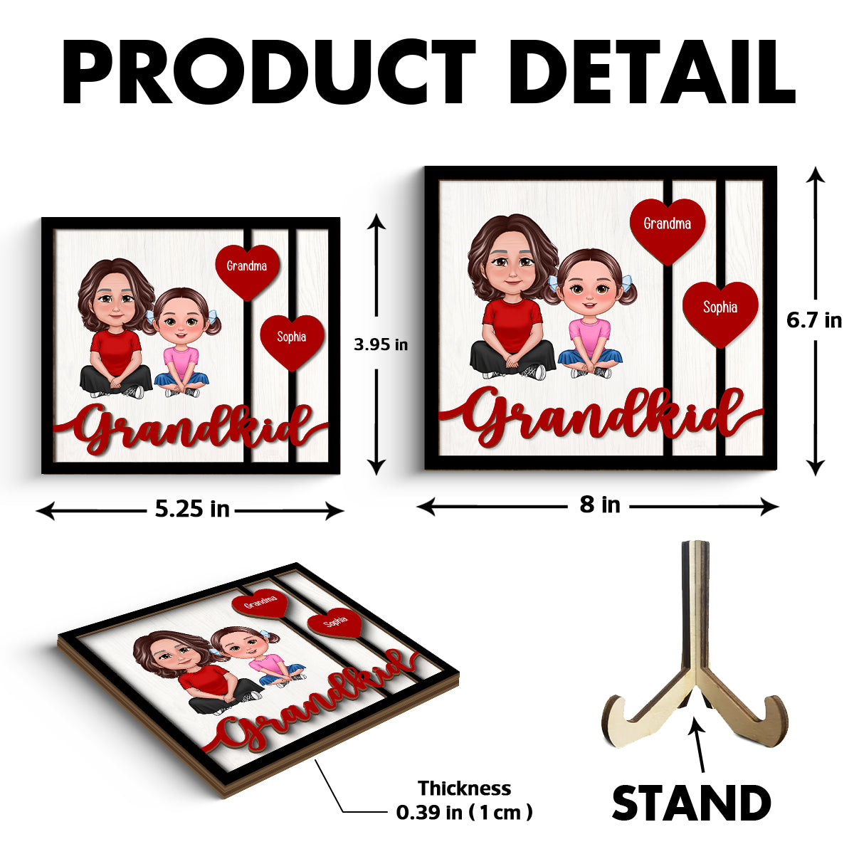 Grandma Grandkids Crossed Legs Red Hearts Personalized 2-layer Wooden Plaque