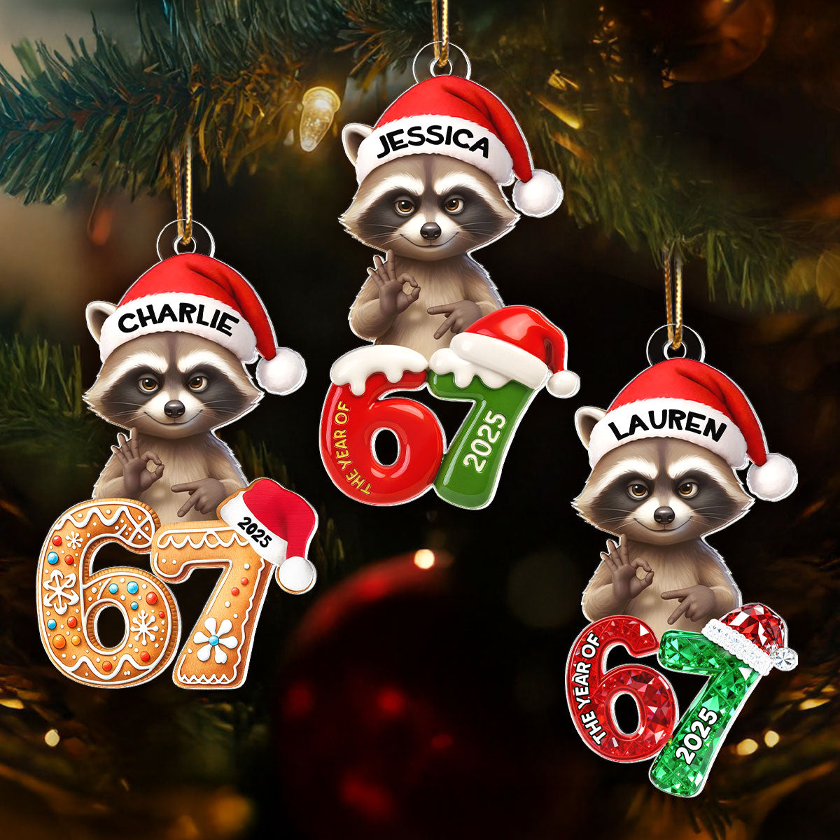 Cunning Raccoon Christmas Pattern Custom Six Seven 67 - Personalized Acrylic Ornament - Teen Slang Funny Tree Decor, Funny Teen Grandkid Gift