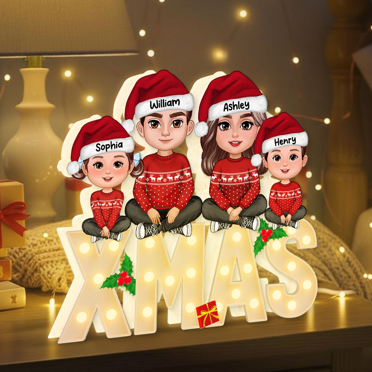 Family Sitting On Marquee Effect Letter Personalized LED Light Box, Christmas Decor For Family