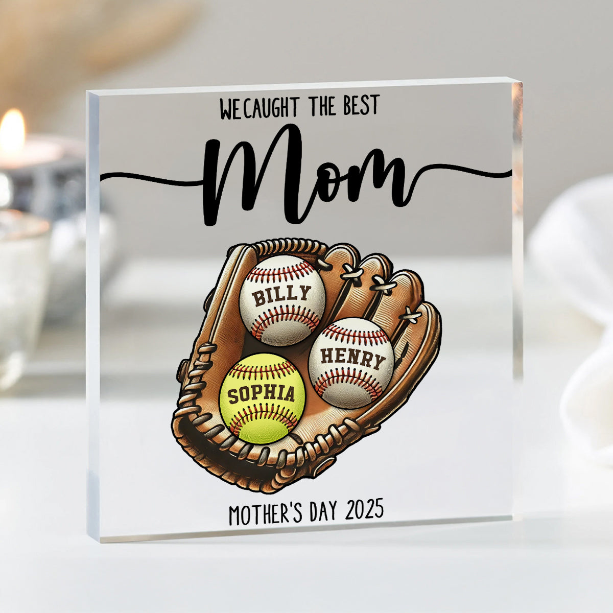 We Caught The Best Mom Baseball, Softball Personalized Acrylic Block Plaque, Custom Kid's Name, Mother's Day, Gift For Wife, Gift For Mom