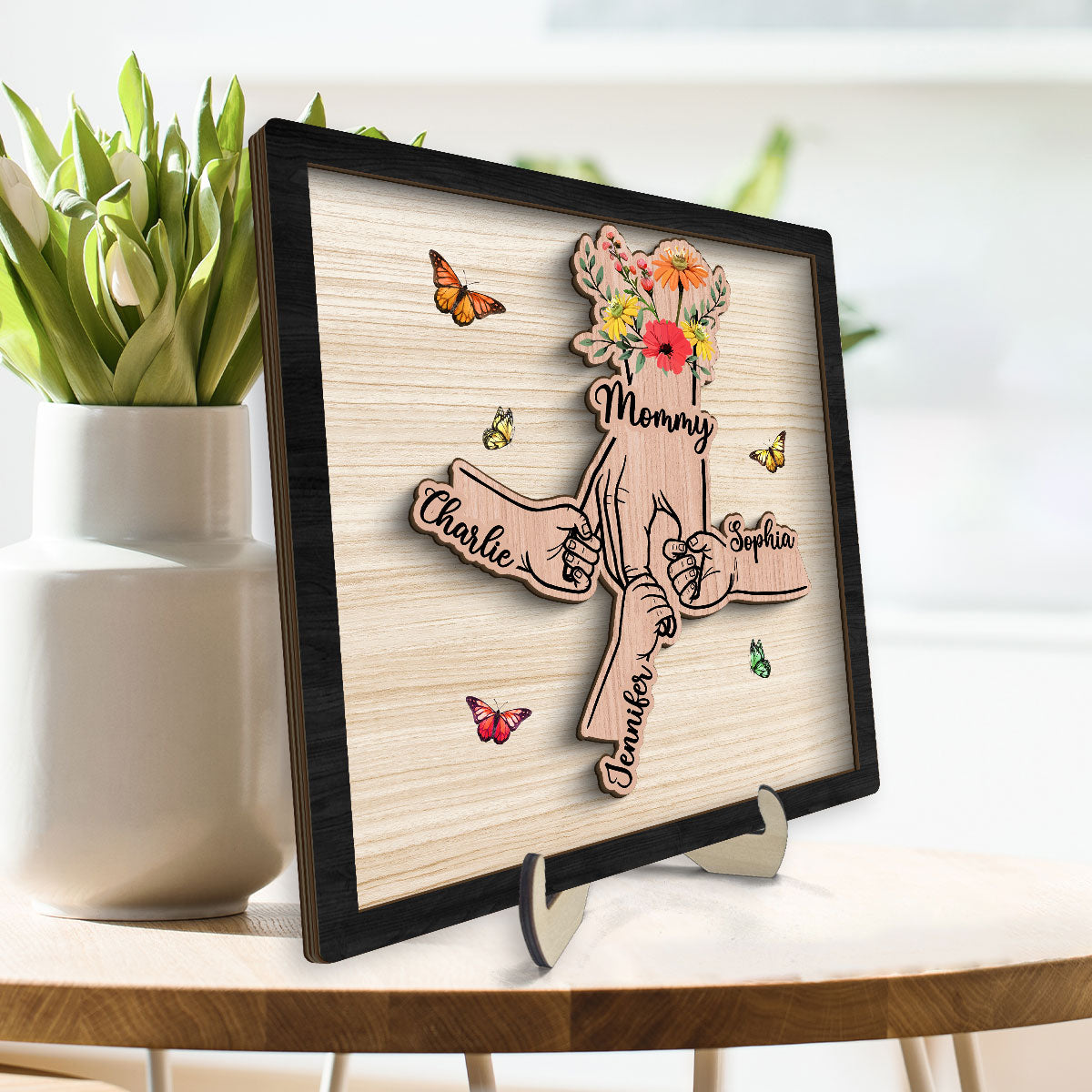 Grandma Mom Kids Hands Flowers Personalized 2-layer Wooden Plaque