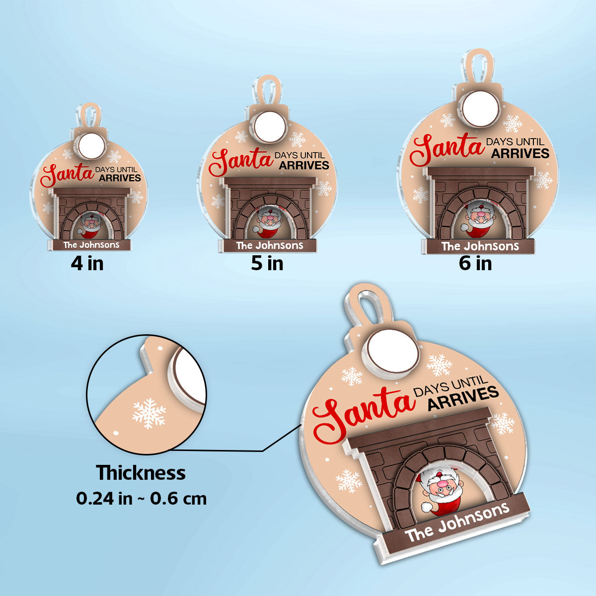 Days Until Santa Arrives Christmas Fireplace Countdown Personalized 2-Layer Acrylic Ornament
