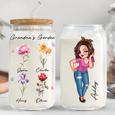 Grandma‘s Garden Beautiful Birth Month Flowers Mother‘s Day Birthday Gift For Grandma Mom Personalized Clear Glass Can