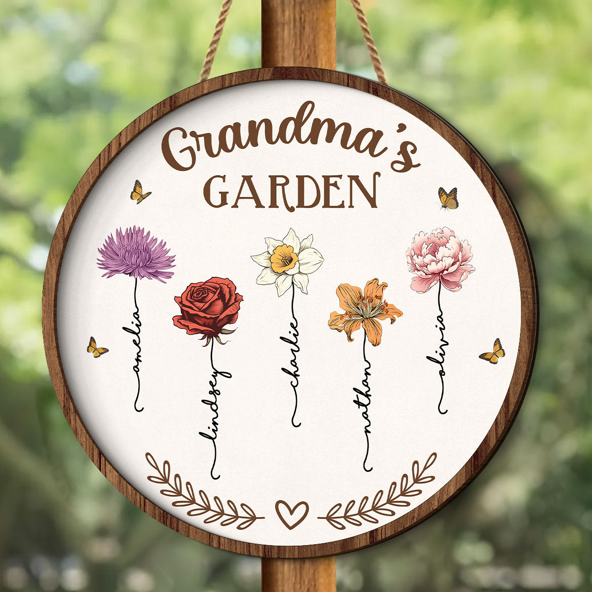Grandma's Garden Love Grows Here, Birth Month Flower Personalized 2-Layer Wooden Door Sign