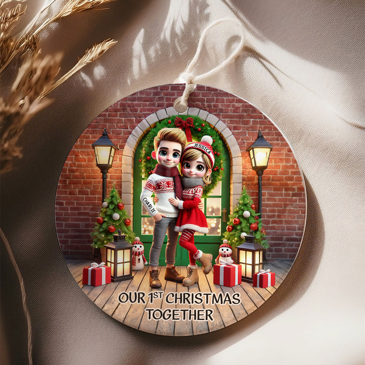 Cute Couple Standing In Front of Door Personalized Ceramic Ornament, Christmas Gift for Him, Gift for Her