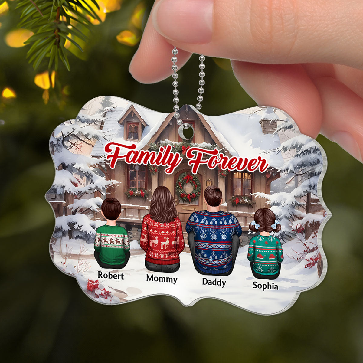 Snow House Back View Family Sitting Personalized Acrylic Ornament