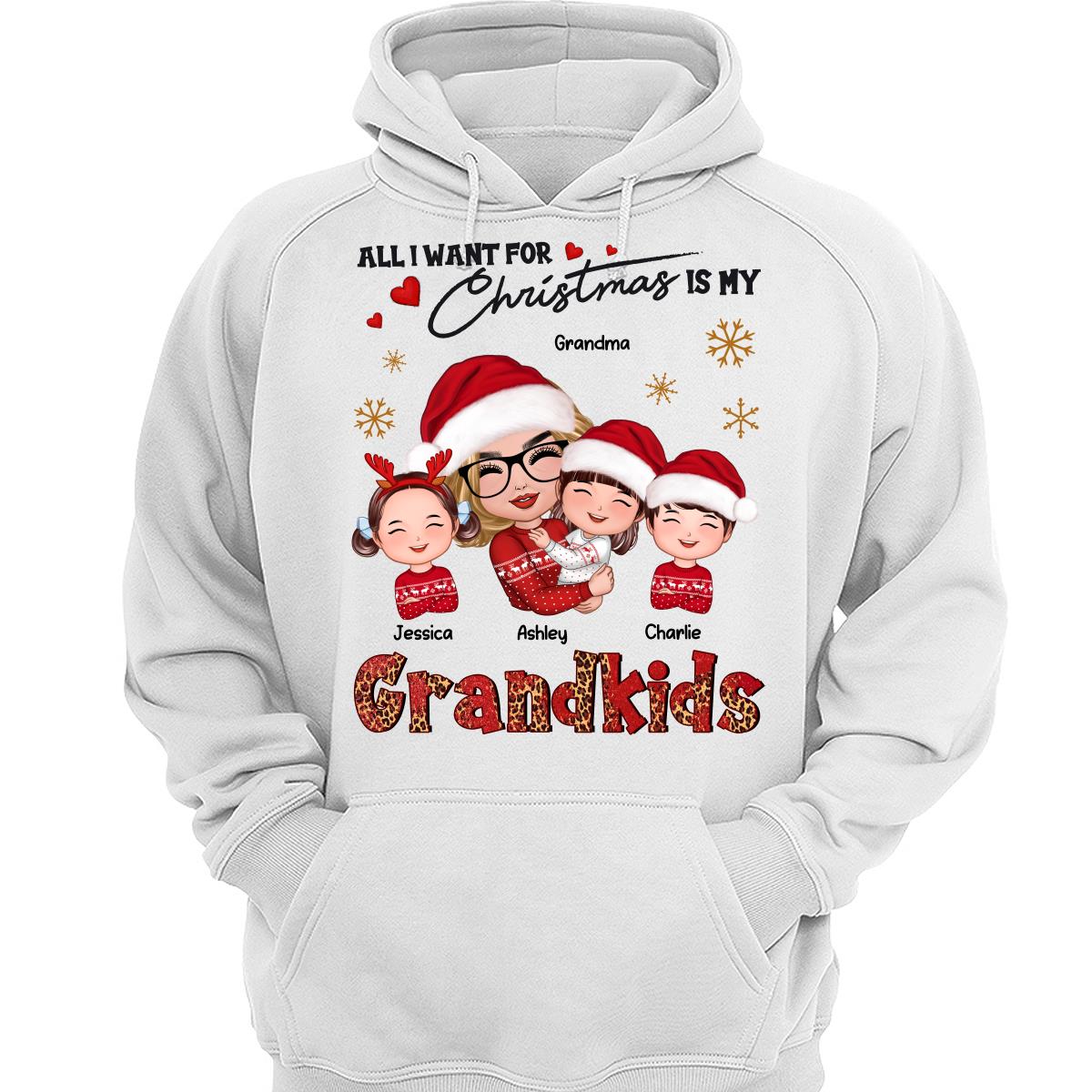 Leopard Christmas Doll Grandma Hugging Kid All I Want For Christmas Is My Grandkids Personalized Shirt