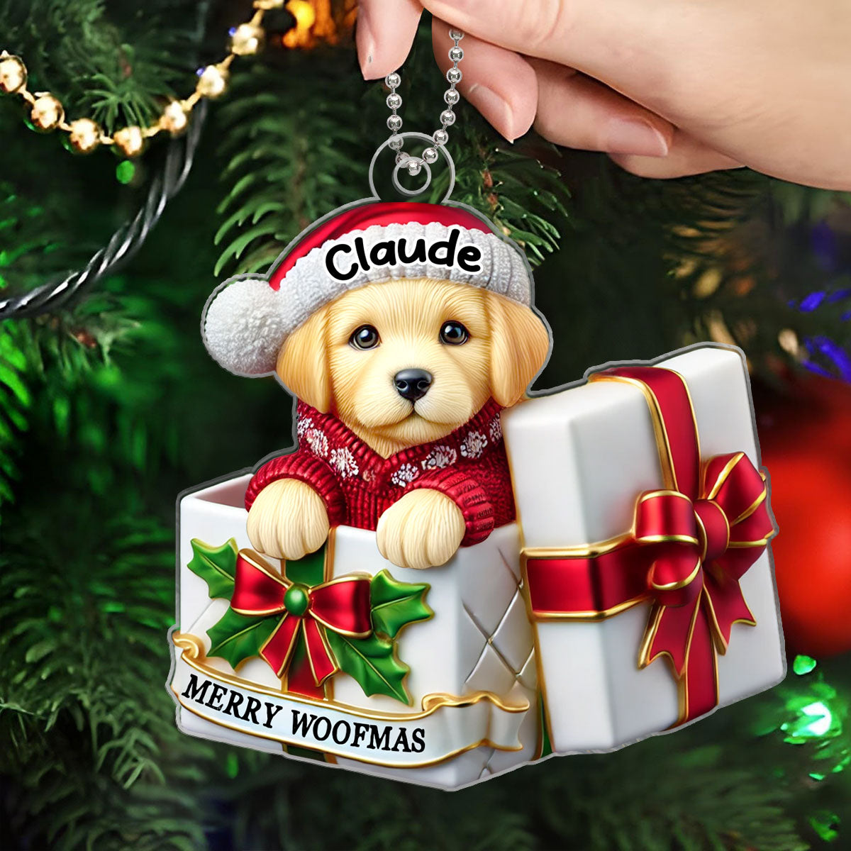 Cute Labrador Dog Inside Red Gift Box Personalized 2D Flat Acrylic Ornament, Christmas Gift for Dog Lovers