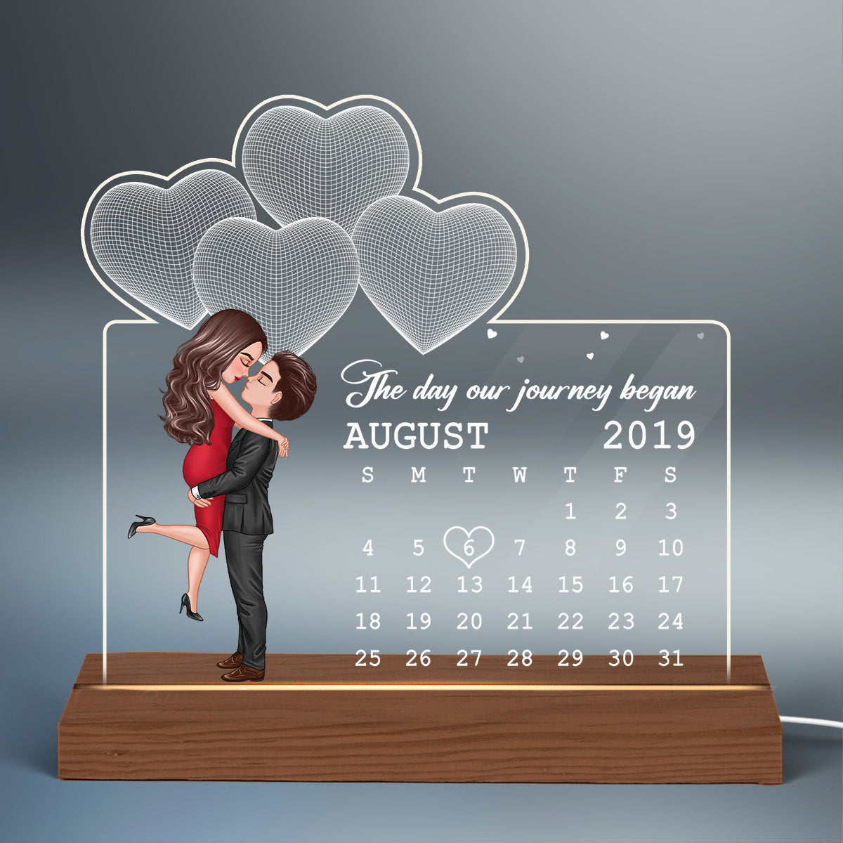 Kissing Couple Under 3D Heart Anniversary Date Calendar Personalized Custom Shape Acrylic Plaque With LED Night Light - Anniversary Gift For Couple - Gift For Him Gift For Her