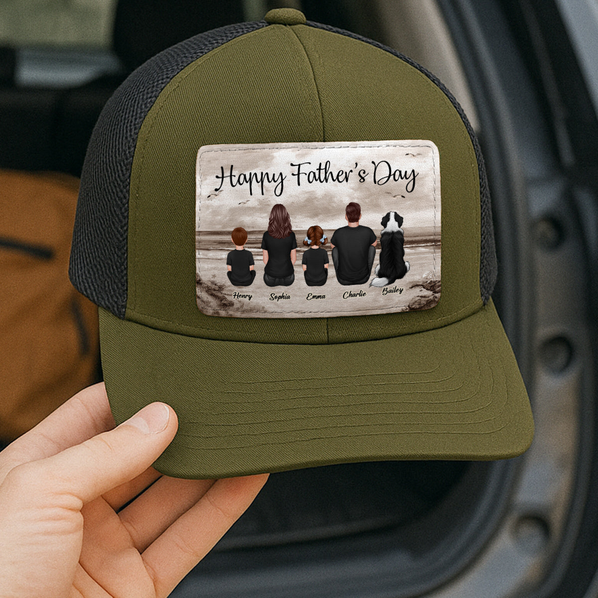 Family Sitting Retro Vintage Beach Landscape Personalized Leather Patch Hat, Gift For Dad
