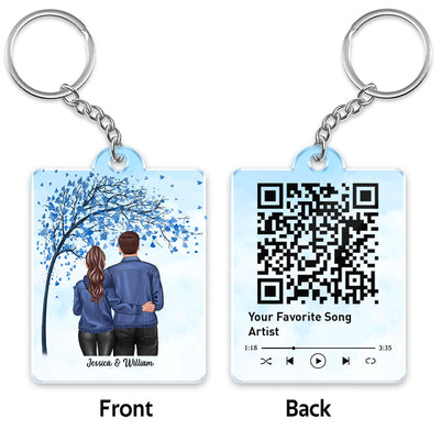 Back View Couple Standing Hugging Under Tree Favorite Song Scannable QR Code Personalized Acrylic Keychain