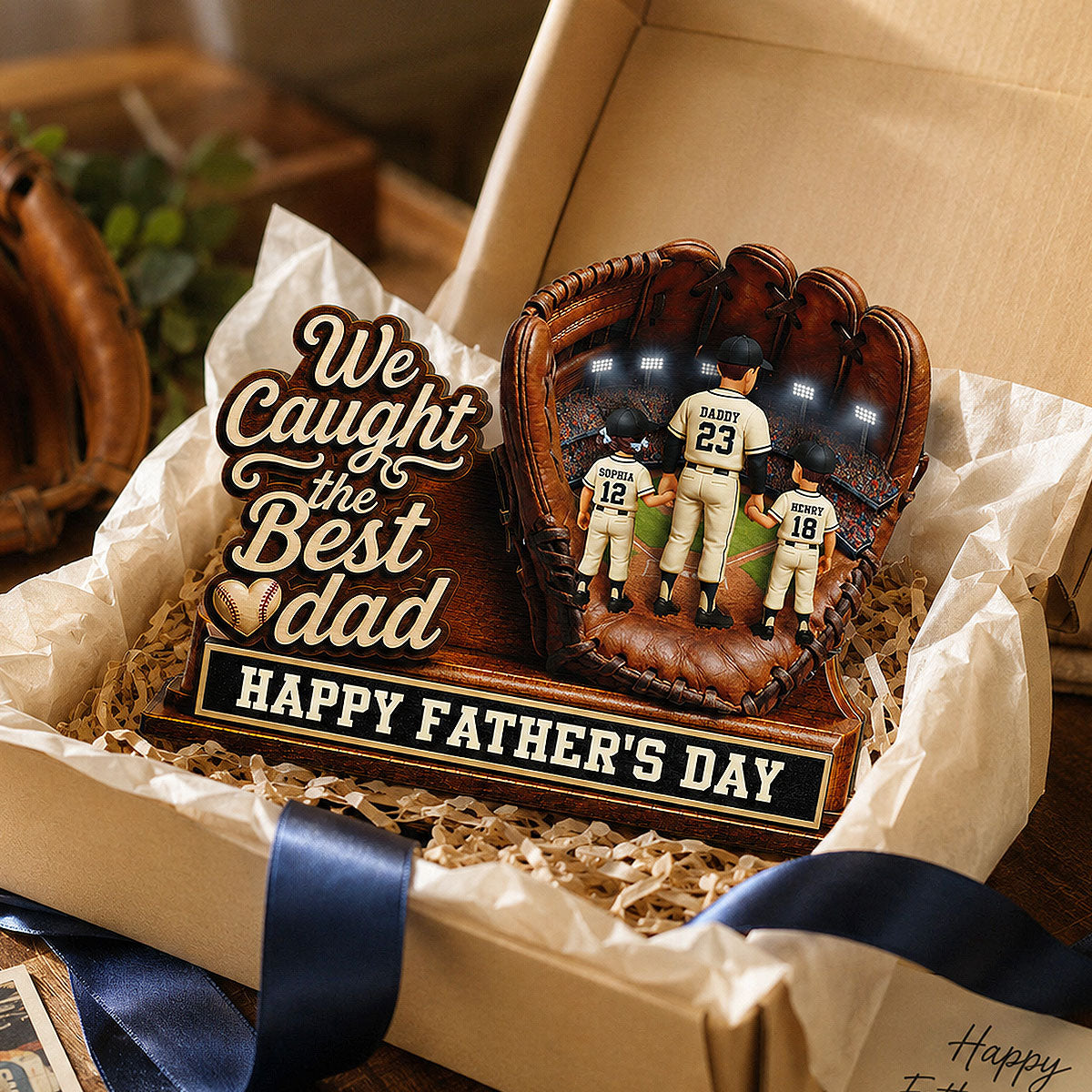 We Caught The Best Grandpa Man & Kids In Glove - Personalized 2-Layered Wooden Plaque - Happy Father's Day For Baseball Grandpa