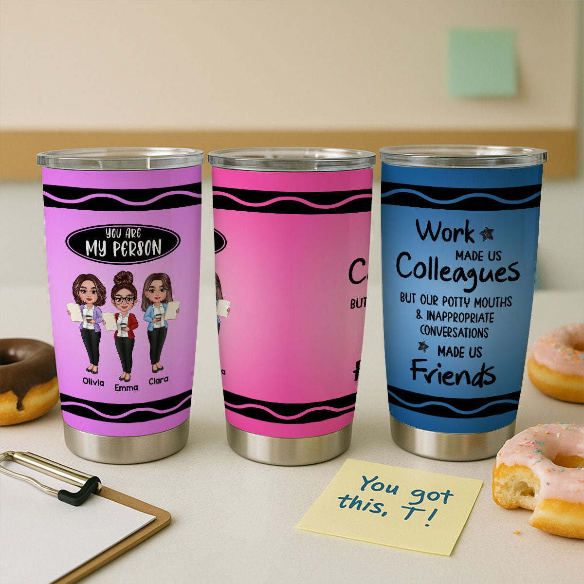 Teacher Besties Colleagues Crayon Personalized Tumbler, Back To School Gift For Besties Teacher