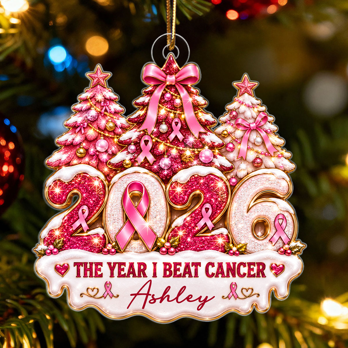The Year I Beat Breast Cancer - Personalized Acrylic Ornament - Christmas Gift For Breast Cancer Survivors, Breast Cancer Awareness Gift
