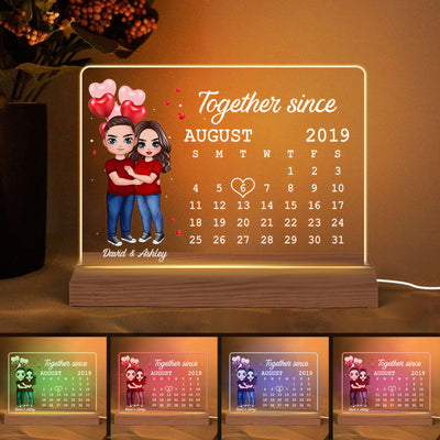 Doll Couple Hugging Anniversary Date Calendar Rectangle Personalized Custom Shape Acrylic Plaque With LED Night Light - Anniversary Gift For Couple - Gift For Him - Gift For Her
