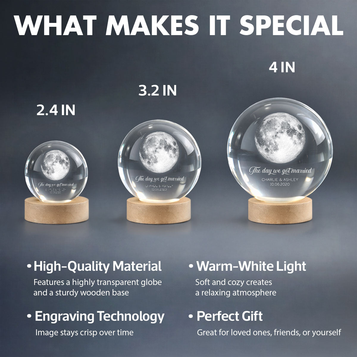 Our Moon Couple Anniversary Date - Personalized Crystal Ball LED Night Light - Sentimental Valentine's Day Gift for Her, for Him