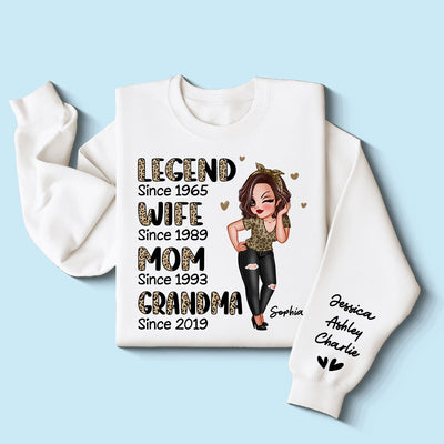Half Leopard Sassy Legend Wife Mom Grandma Personalized Sleeve Printed Sweatshirt