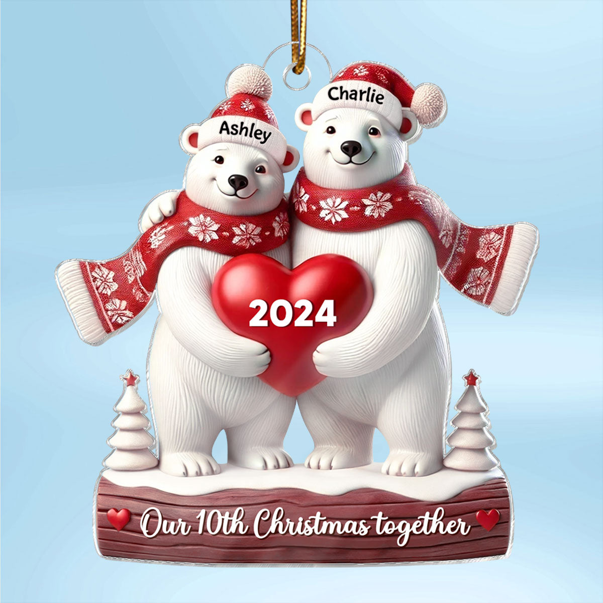 3D Effect Polar Bears Couple Christmas Personalized Ornament, Christmas Gift For Him, For Her